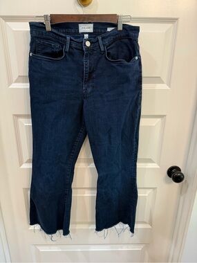 FRAME Le Crop Flare Jeans High Rise Raw Hem Dark Wash Size 30
